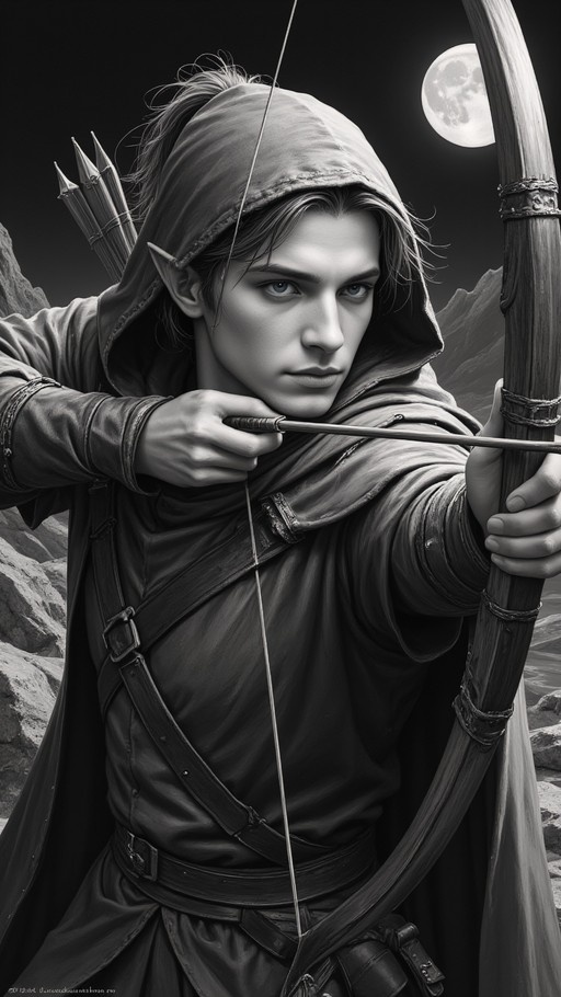 A realistic black and white digital painting of a young male elf with pointed ears wearing a dark hooded cloak and leather harness, drawing a wooden bow and aiming an arrow directly at the viewer against a backdrop of rocky mountains and a large full moon.