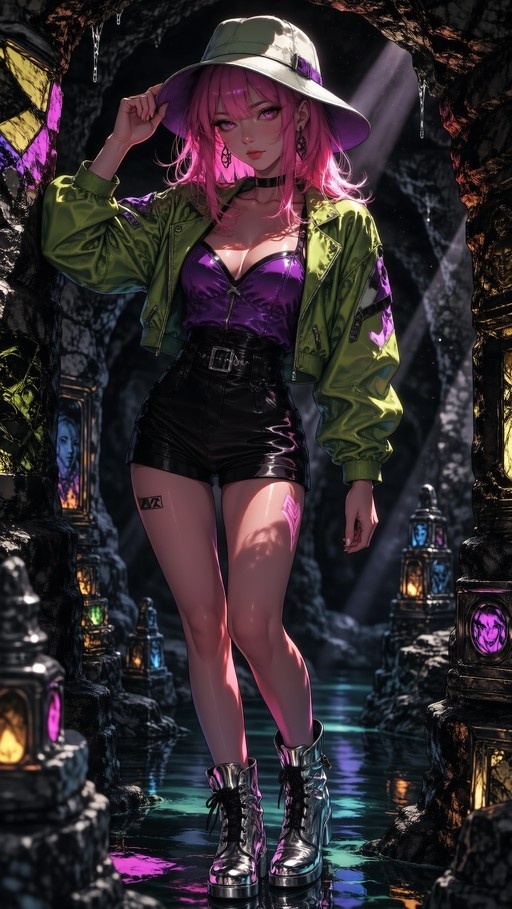 Pink-haired anime woman in a green jacket and white hat standing in water inside a cave with glowing lanterns.