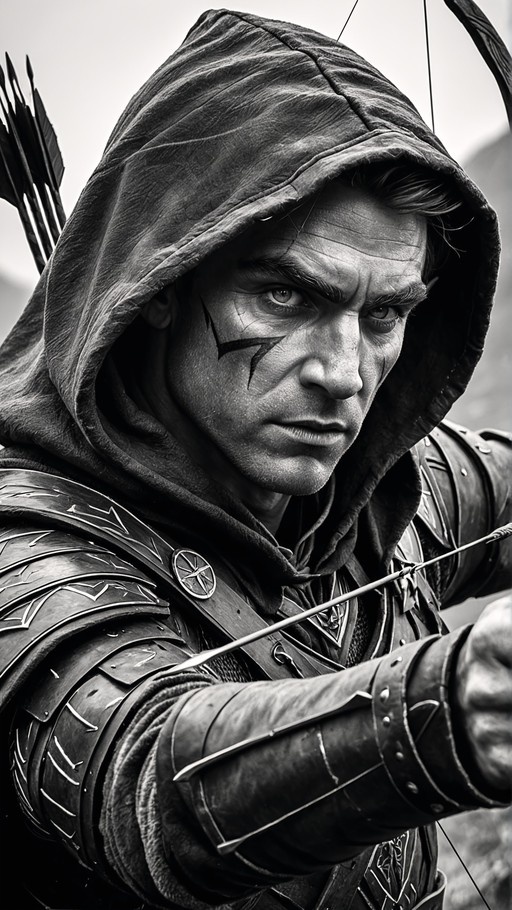A black and white image of a man in a hood and armor aiming a bow and arrow with distinctive facial markings.