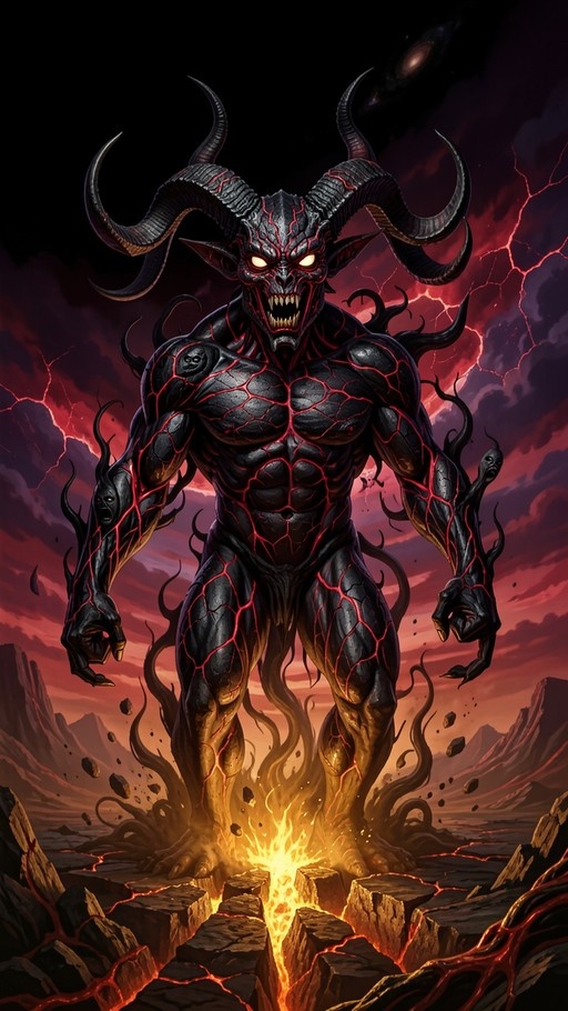 Muscular horned demon with black skin and red glowing veins standing in a volcanic rift