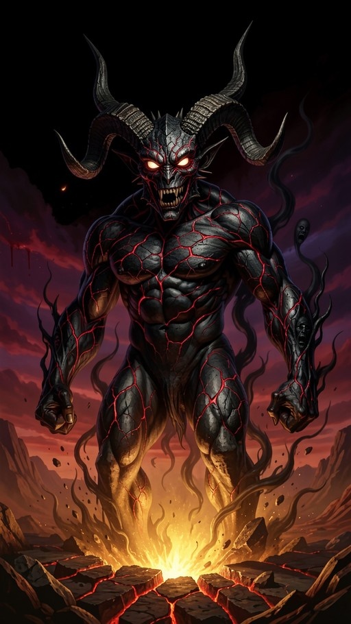 A muscular black demon with large curved horns and glowing red cracks in his skin stands in a rocky landscape with fire erupting from the ground.