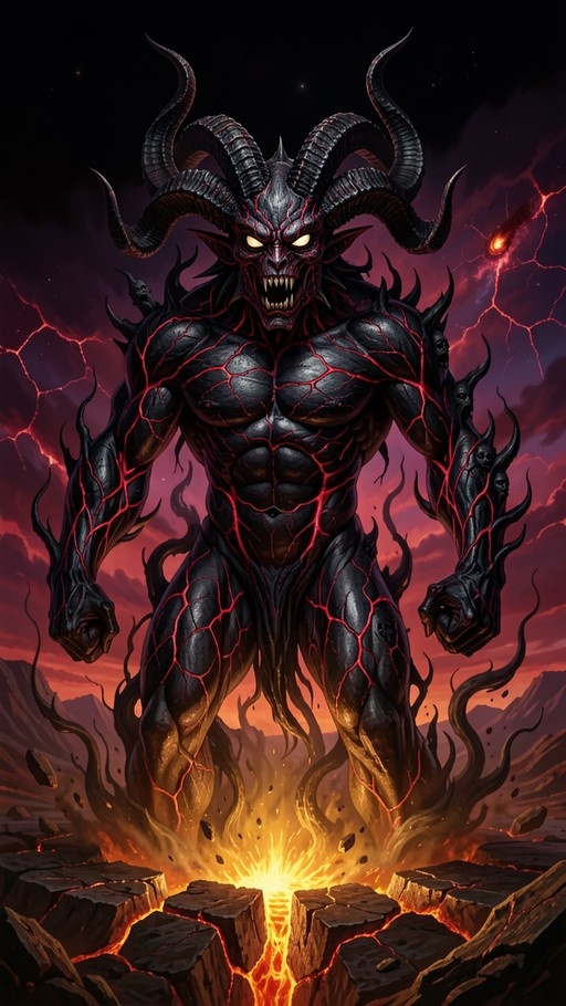 A muscular black-skinned demon with large curved horns and glowing red cracks rises from a volcanic fissure.