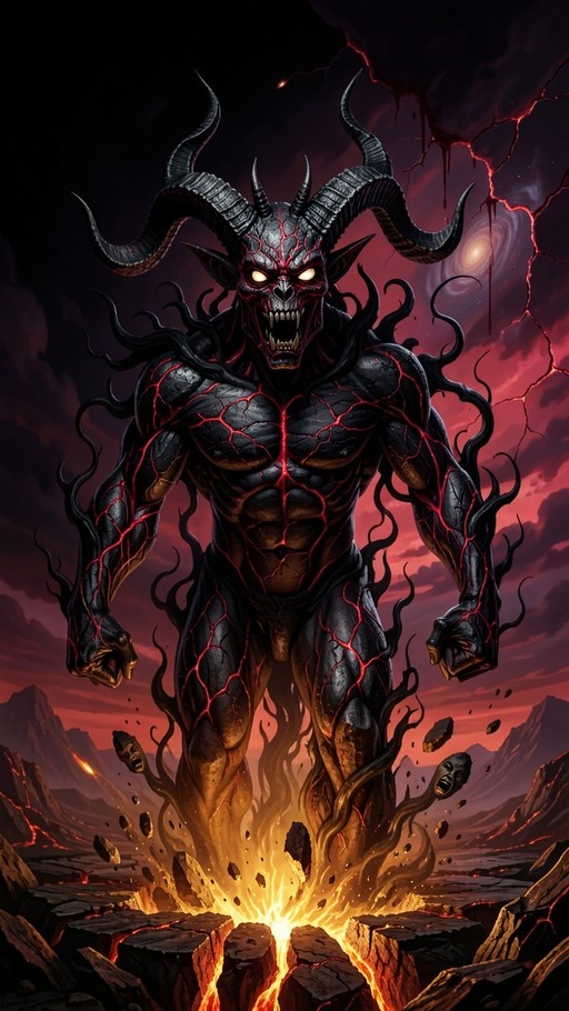 A muscular male demon with black skin and red glowing cracks rises from a volcanic eruption, featuring large curved horns, sharp fangs, and glowing yellow eyes amidst swirling smoke.