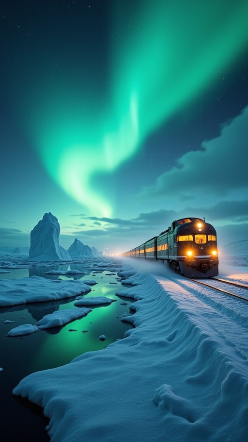 A train travels along snow-covered tracks beside icy water under a vibrant green aurora borealis in the night sky.