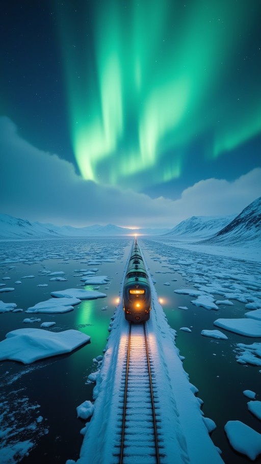 A train travels along snow-covered tracks through icy waters under a vibrant green aurora borealis in the night sky.
