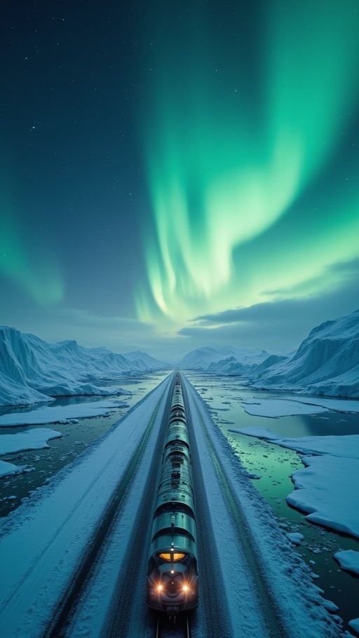A long train travels along snowy tracks through a mountain valley under a vibrant green aurora borealis in the starry night sky.