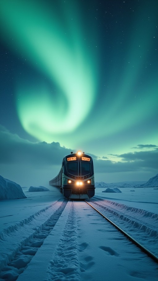 A train traveling on snowy tracks beneath a green aurora borealis in a starry night sky.