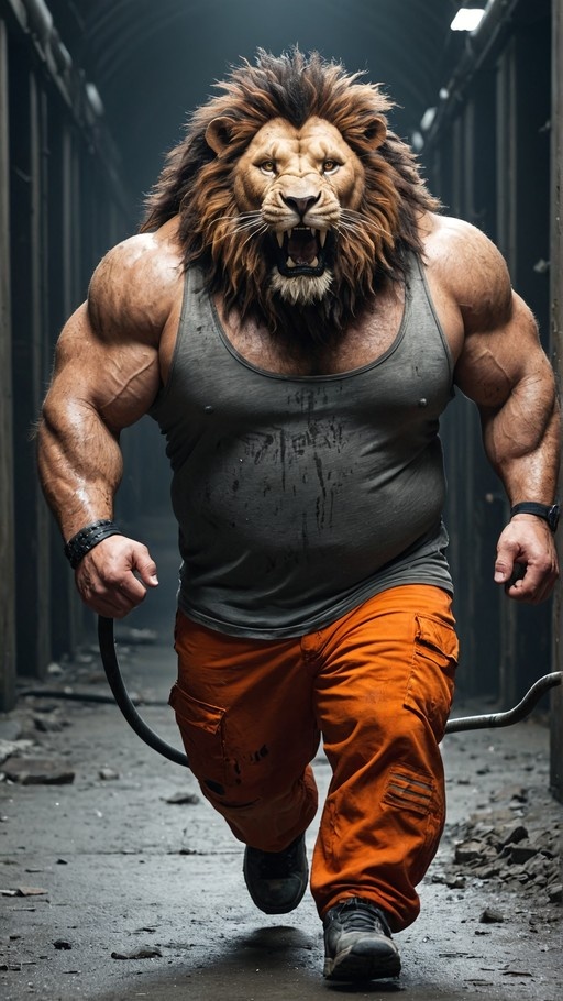 A muscular anthropomorphic lion man with a large mane runs aggressively down a dark corridor wearing a dirty grey tank top and orange cargo pants.