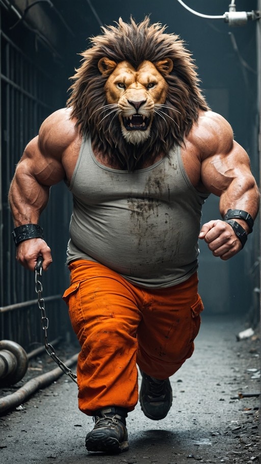 A muscular anthropomorphic lion with a large mane runs forward in an industrial alley, wearing a dirty grey tank top and orange pants while holding a chain attached to his wrist.