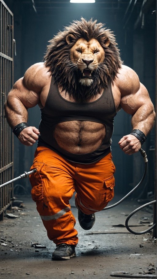 A muscular lion beastman with a thick mane runs through a dark prison corridor wearing an orange jumpsuit and black tank top while holding a chain.