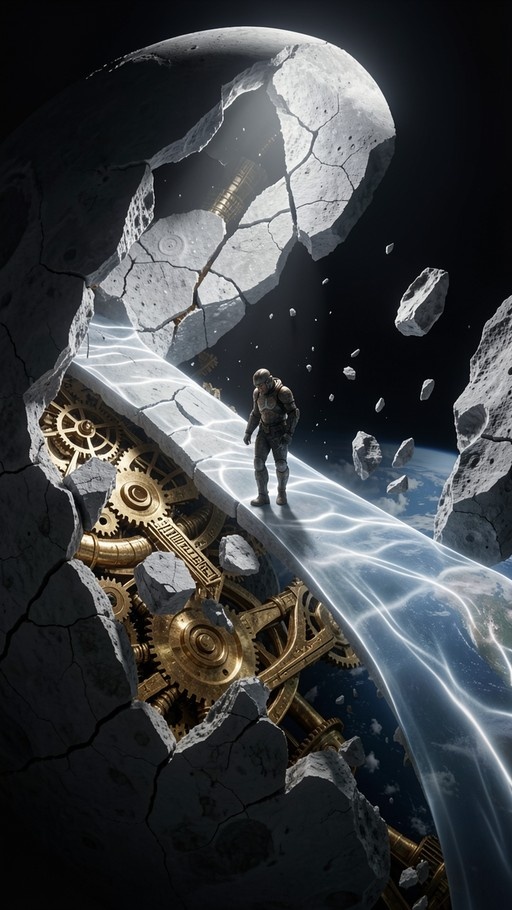 An astronaut in a spacesuit stands on a glowing translucent bridge extending from a cracked moon filled with golden gears, with Earth visible in the background space.