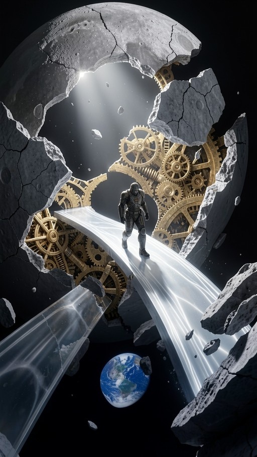 An armored figure walks on a translucent bridge through a large cracked sphere revealing giant golden gears, with Earth visible below in space.