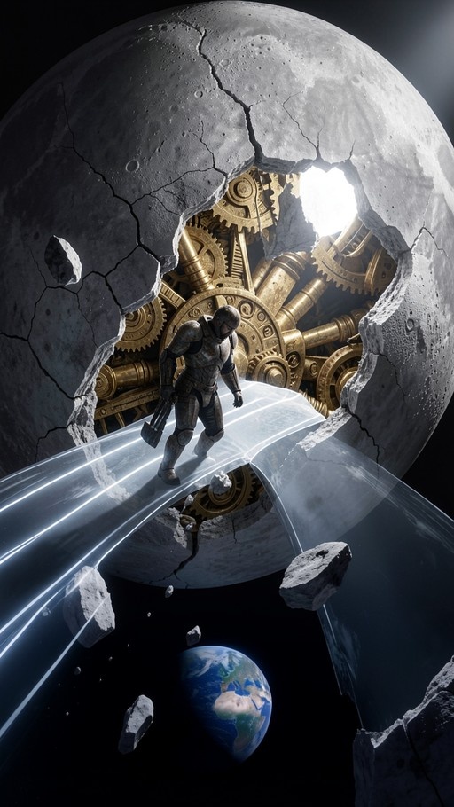 An armored figure walks on a glowing path in front of a cracked moon revealing golden gears, with Earth visible below.