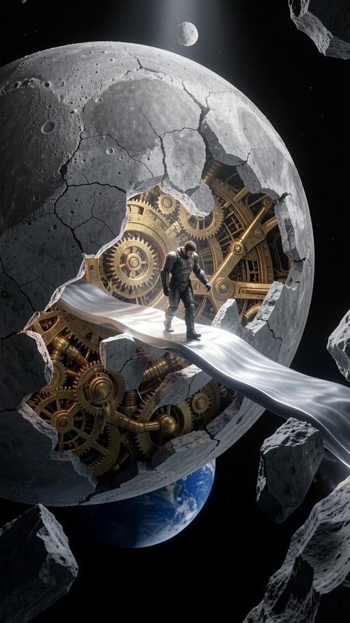 A man in an armored suit walks along a flowing white ribbon path inside a large cracked moon revealing complex golden gears, with planet Earth visible below.