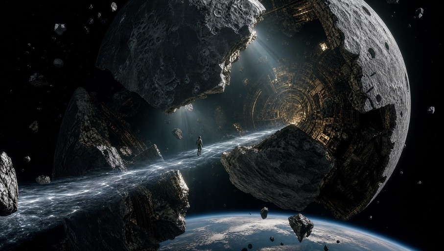 A lone astronaut stands on a glowing surface inside a shattered moon, revealing an intricate golden structure within the hollow core, with Earth visible in the distance below.
