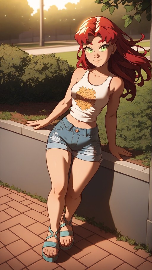 Red-haired anime girl in denim shorts and white tank top leaning against a wall outdoors