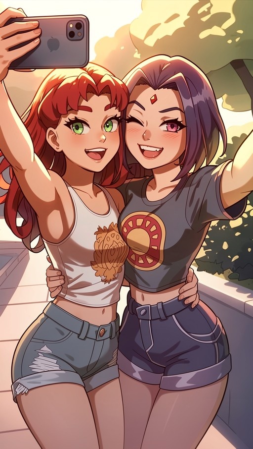 A digital illustration of the DC characters Raven and Starfire taking a selfie together outdoors on a sunny day, wearing casual crop tops and denim shorts.