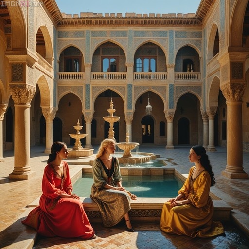 Three women in 15th-century gowns sit around a tiered stone fountain in a sunlit Mudéjar courtyard with arched colonnades.