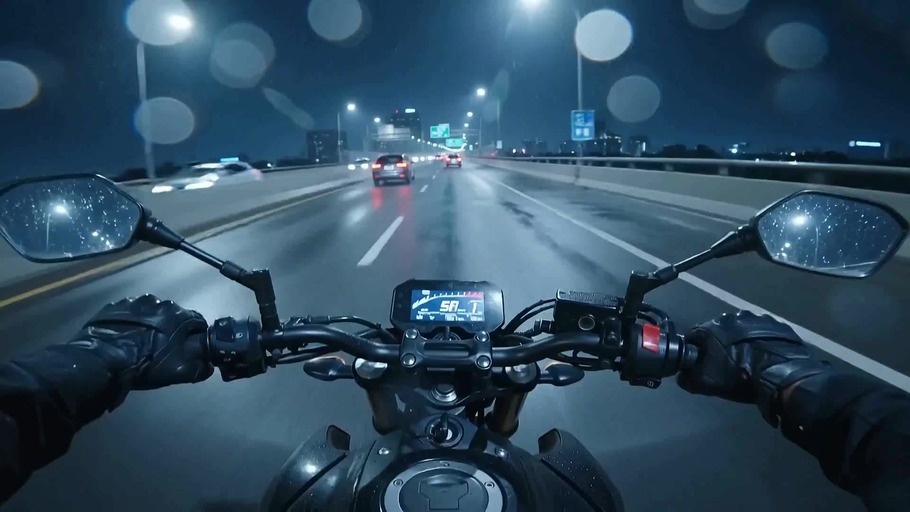 A first-person view of a person riding a motorcycle on a rainy highway at night, followed by a shot of the rider stopped at a city intersection holding a red rose with lightning in the background.