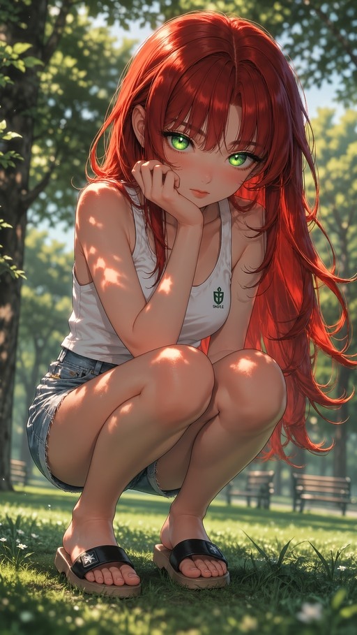 Red-haired anime girl with green eyes squats on grass in a sunlit park wearing a white tank top and denim shorts.