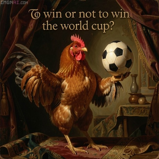 A brown rooster stands in a dramatic Baroque-style setting, holding a black and white soccer ball on its wing beneath the text "To win or not to win the world cup?".