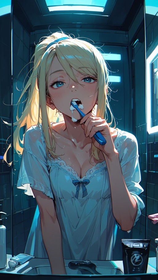 Samus Aran with blonde hair and blue eyes brushing her teeth in a bathroom mirror while wearing a white nightgown.