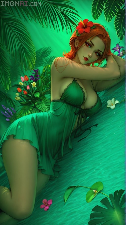 An orange-haired woman in a green babydoll dress lies on her side in shallow water surrounded by tropical plants and flowers.