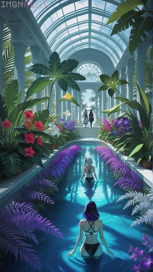Anime-style illustration of multiple girls in bikinis wading in a long indoor pool within a glass greenhouse filled with tropical plants and white pillars.