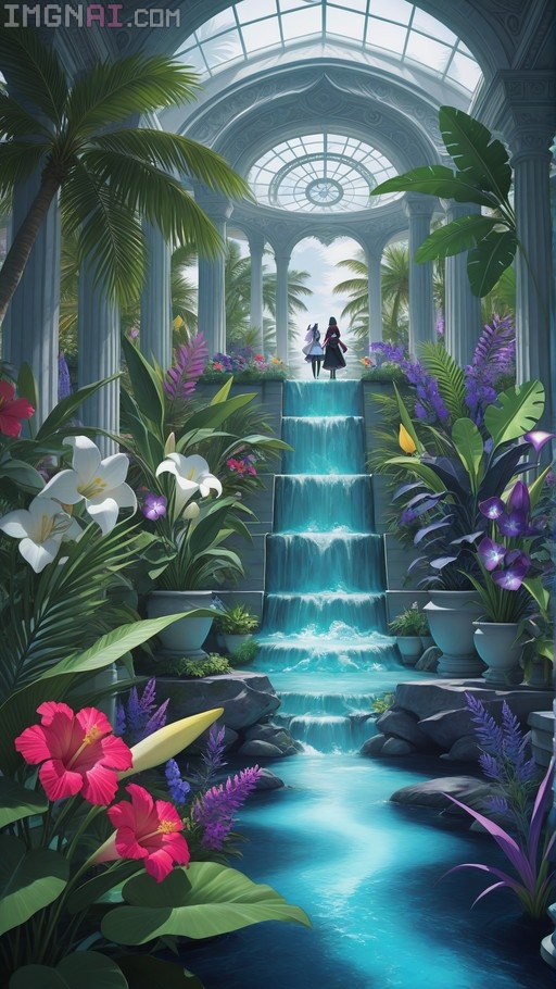A digital painting of a grand greenhouse with classical pillars and a cascading turquoise waterfall surrounded by vibrant hibiscus, lilies, and palm trees, with two anime figures standing at the top.