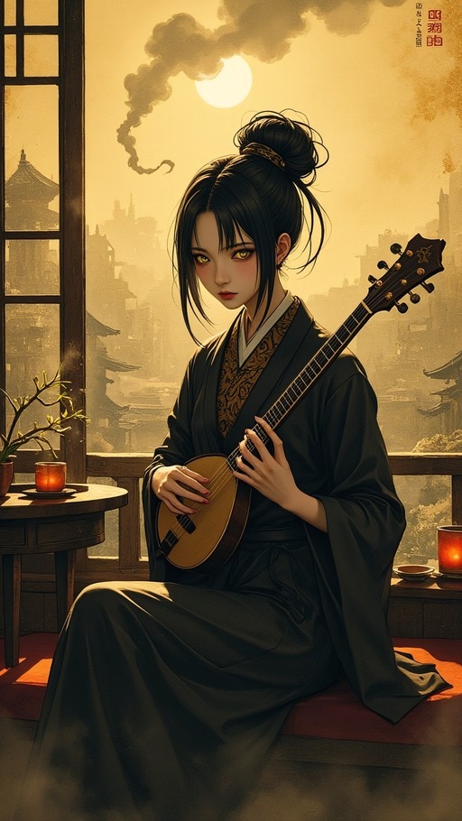 A young woman with yellow eyes and a black hair bun plays a lute in traditional robes, sitting indoors near a window with incense smoke and a view of a pagoda-filled cityscape under a bright moon.