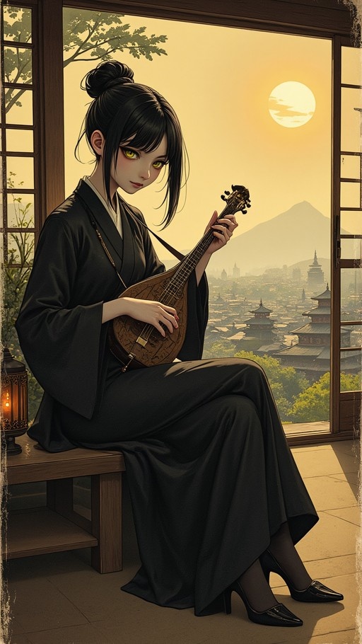 A woman with yellow eyes and a black hair bun sits on a bench playing a lute while wearing a black kimono and high heels, overlooking a cityscape with pagodas at sunset.