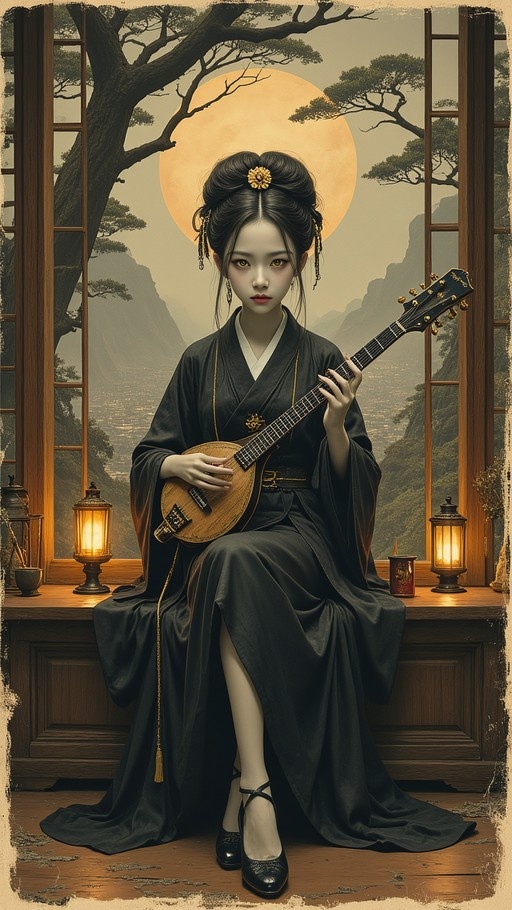A woman in a dark kimono sits on a wooden ledge holding a stringed instrument, with lanterns and a moonlit mountain view behind her.