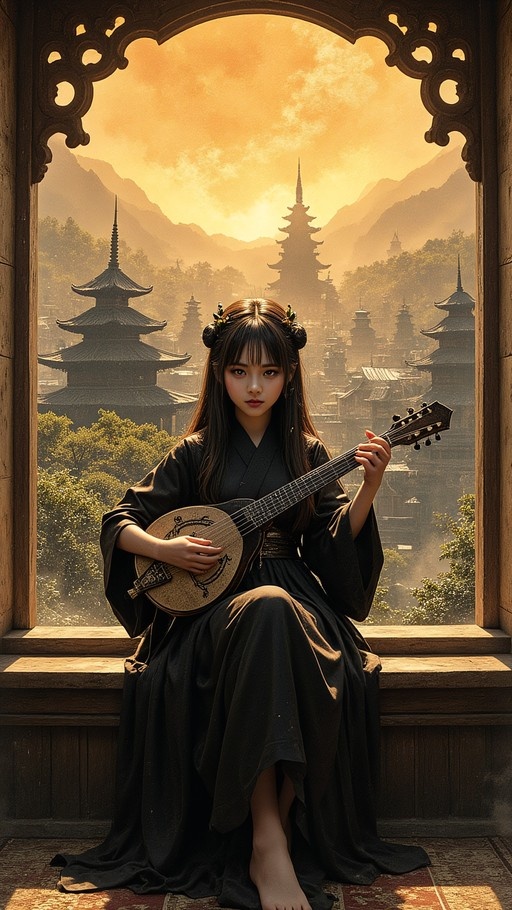A young woman in a black robe sits on a wooden ledge holding a lute, framed by an ornate window with a golden sunset view of pagodas and mountains.