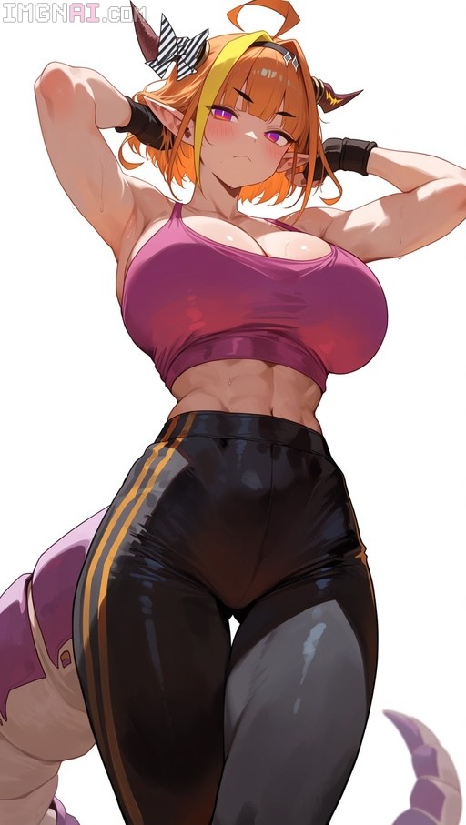 Kiryu Coco as a dragon girl with orange hair and horns, wearing a pink sports bra and black leggings, posing with arms behind her head.