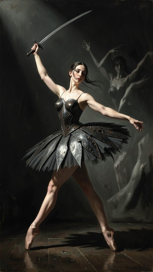 A realistic painting of a ballerina in an armored metal tutu and bodice holding a sword aloft while standing on her toes against a dark background with a faint reflection.
