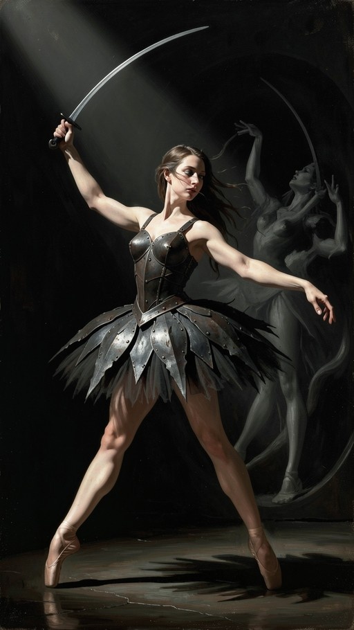 A realistic painting of a female ballerina in an armored corset and metal plate skirt holding a curved sword aloft on pointe shoes under a spotlight with a ghostly reflection behind her.