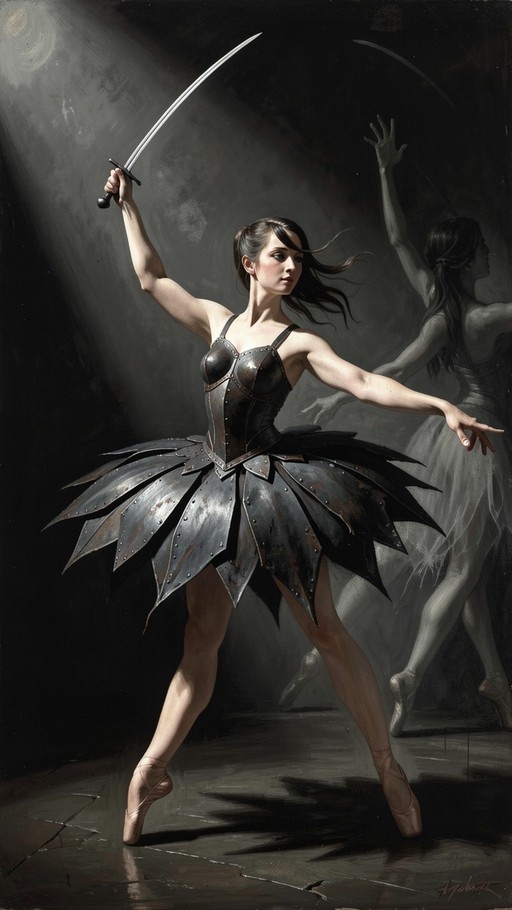 A ballerina in a metallic armored tutu holds a sword aloft while standing on pointe under a spotlight.