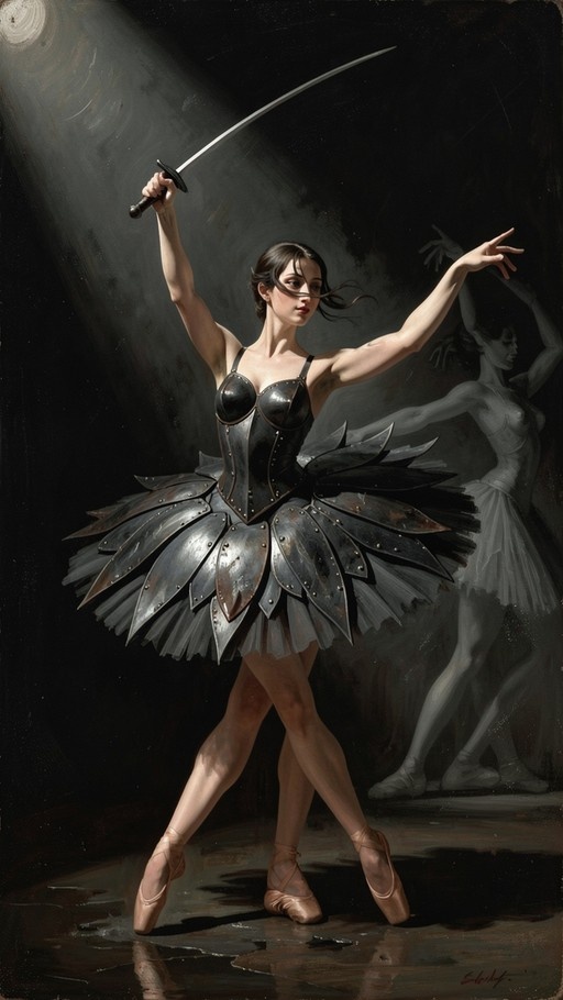 An armored ballerina stands en pointe under a spotlight, holding a long sword aloft while wearing a metallic plate tutu and bodice.