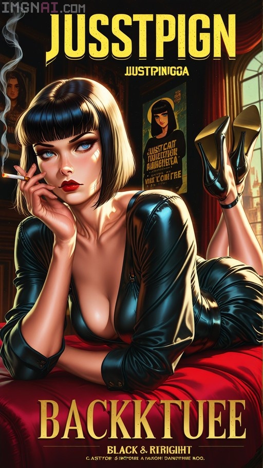 A woman with a black bob cut and blue eyes lies on her stomach on a red surface, holding a lit cigarette near her face while wearing a shiny black dress and high heels.