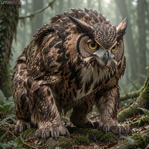 A hyper-realistic image of a large owlbear standing on all fours in a forest with mossy ground.