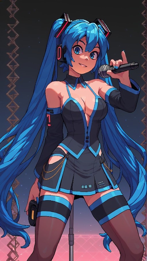 A pixel art illustration of Hatsune Miku with long blue twin-tails and headphones, wearing a black and blue outfit and holding a microphone on a stage.