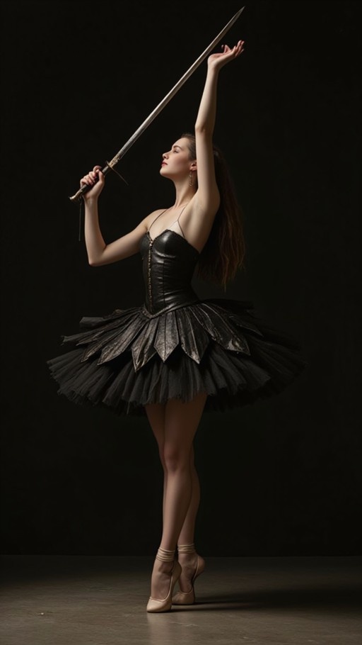 A full-body shot of a ballerina in a black tutu and corset standing on her toes against a black background, holding a long sword up with one hand.