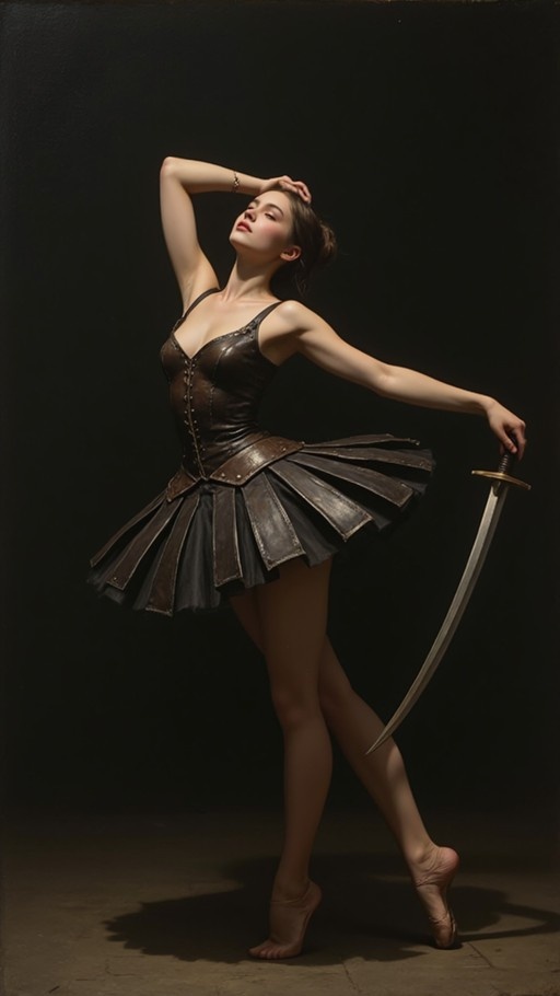 A ballerina in a brown leather corset and pleated skirt stands on one leg holding a long sword against a black background.