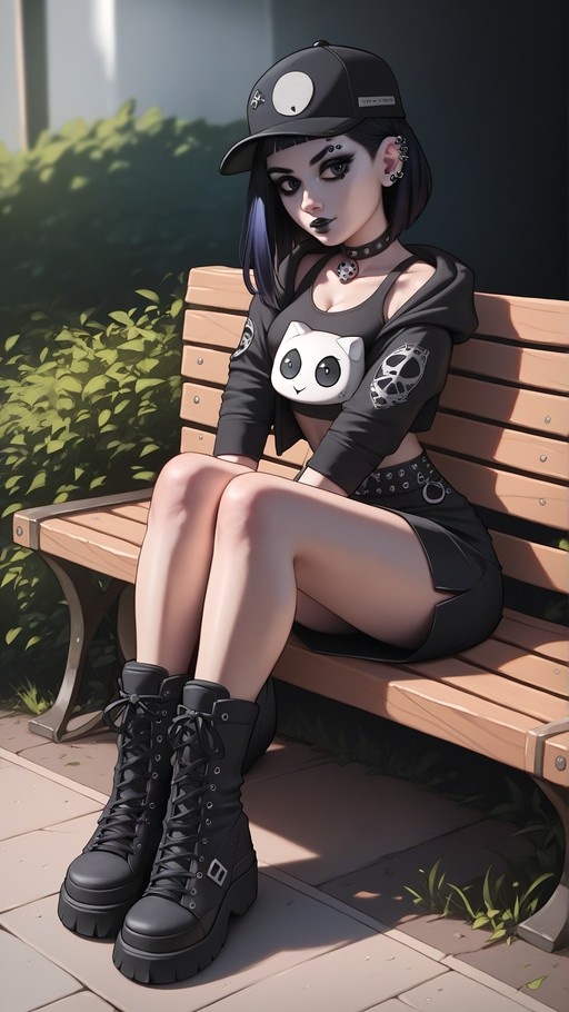 A gothic-styled young woman with dark hair and facial piercings sits on a wooden park bench, wearing a black cap, a crop top with a white cat graphic, an open jacket, and chunky platform boots.