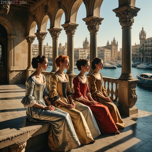 Four women in colorful Renaissance-style dresses sitting on a stone bench under an arcade overlooking a sunny harbor with boats and city buildings.