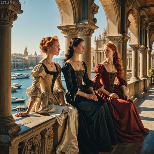 Three women in colorful Renaissance dresses sitting on a stone balcony overlooking a harbor with boats and a city skyline.