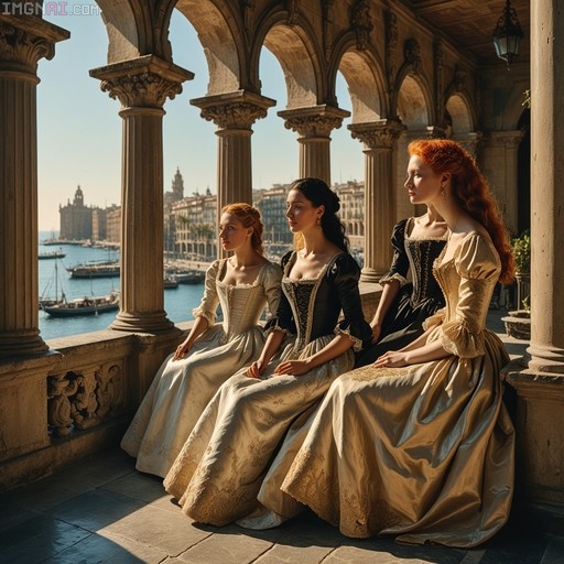 Three women in elaborate Renaissance-era gowns sit side-by-side on a stone ledge inside an arched loggia, overlooking a sunny harbor with ships and city buildings.