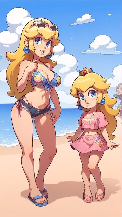 An adult Princess Peach in a blue bikini and denim shorts stands beside a younger version of herself in a pink skirt and top on a sunny beach.