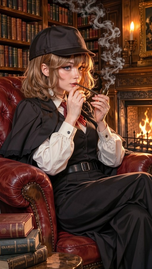 A blonde woman dressed as a detective sits in a red leather armchair holding a smoking pipe, surrounded by bookshelves and a fireplace.