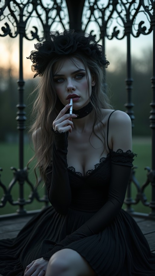 A young woman with long blonde hair and a large black flower crown sits in front of an iron gate, wearing a black lace dress and holding a cigarette to her lips.